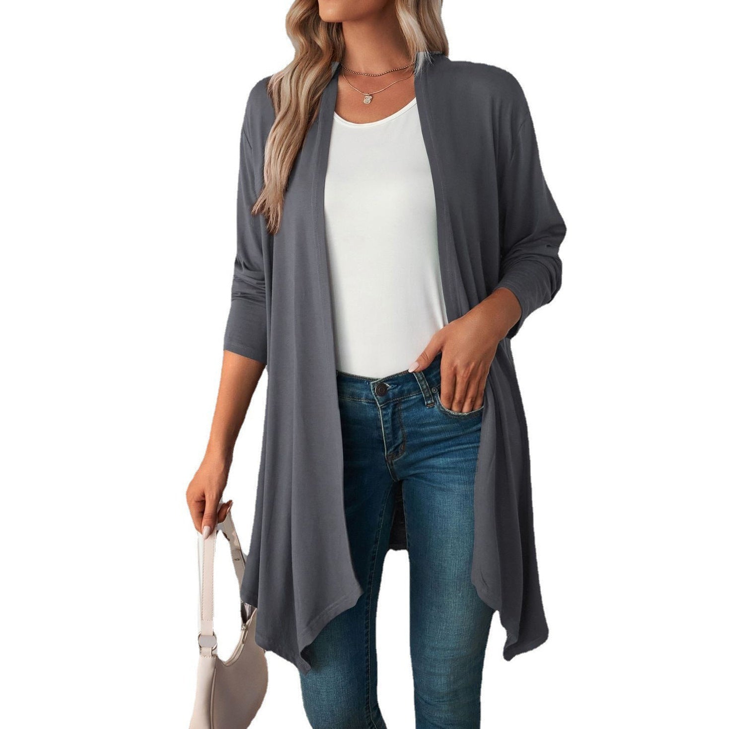 Solid Color Long Sleeve Cardigan Jacket Long Shirt Women Limorista