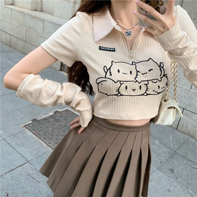 Cute Girl Sense Cream Color Print Polo Neck Short T-shirt Limorista
