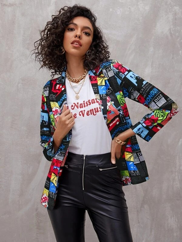 Newspaper No Positioning Printing Ladies Thin Small Suit Jacket Women&