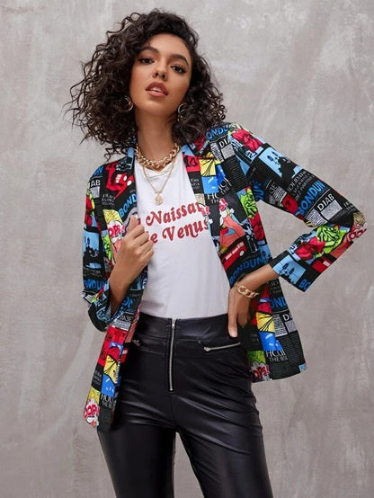 Newspaper No Positioning Printing Ladies Thin Small Suit Jacket Women&