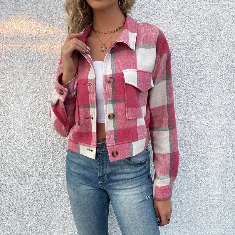 Plaid Lapel Cropped Jacket With Pockets Fashion Button Long Sleeve Short Outwear Tops Coat For Womens Clothing Limorista