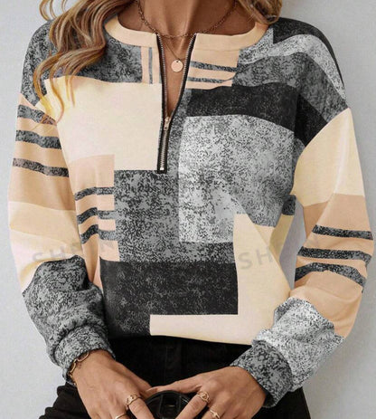 Round Neck Half Zipper Casual Style Polo Shirt Irregular Geometric Top Limorista