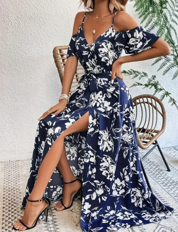 Flower Print Split Suspender Dress With Lace-up Design Summer Fashion Long Dresses Beach Clothing For Women Limorista