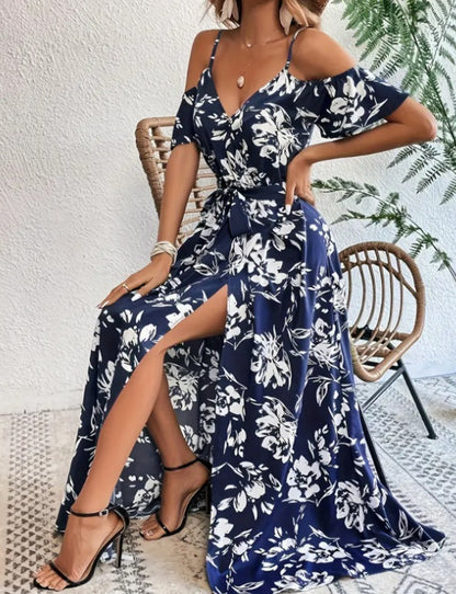Flower Print Split Suspender Dress With Lace-up Design Summer Fashion Long Dresses Beach Clothing For Women Limorista
