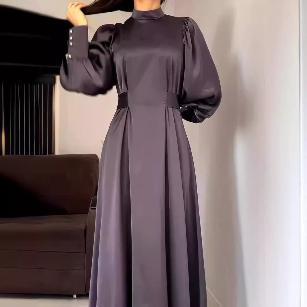 Waist Solid Color Long Sleeve Slim Fit Belt Retro Dress Limorista