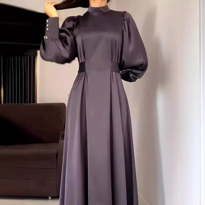 Waist Solid Color Long Sleeve Slim Fit Belt Retro Dress Limorista