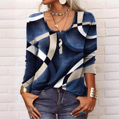 Long Sleeved Geometric Flower Mang U-neck Button Up T-shirt For Women Limorista