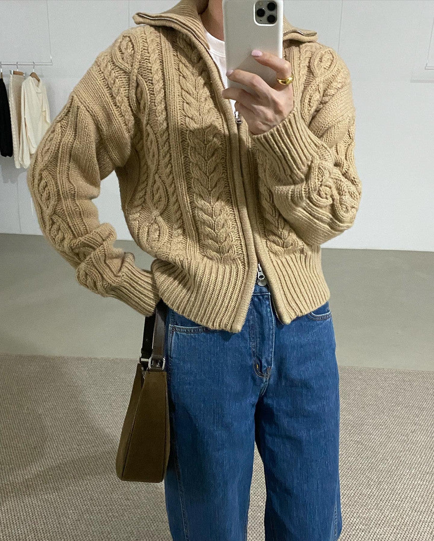 Retro Lapel Lapel Double Zipper Design Sweater Limorista