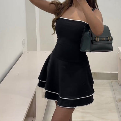 Black Sleeveless Dress Summer Spring Fashion Tube Ruffle Skirt With White Edge Mini Dress Limorista