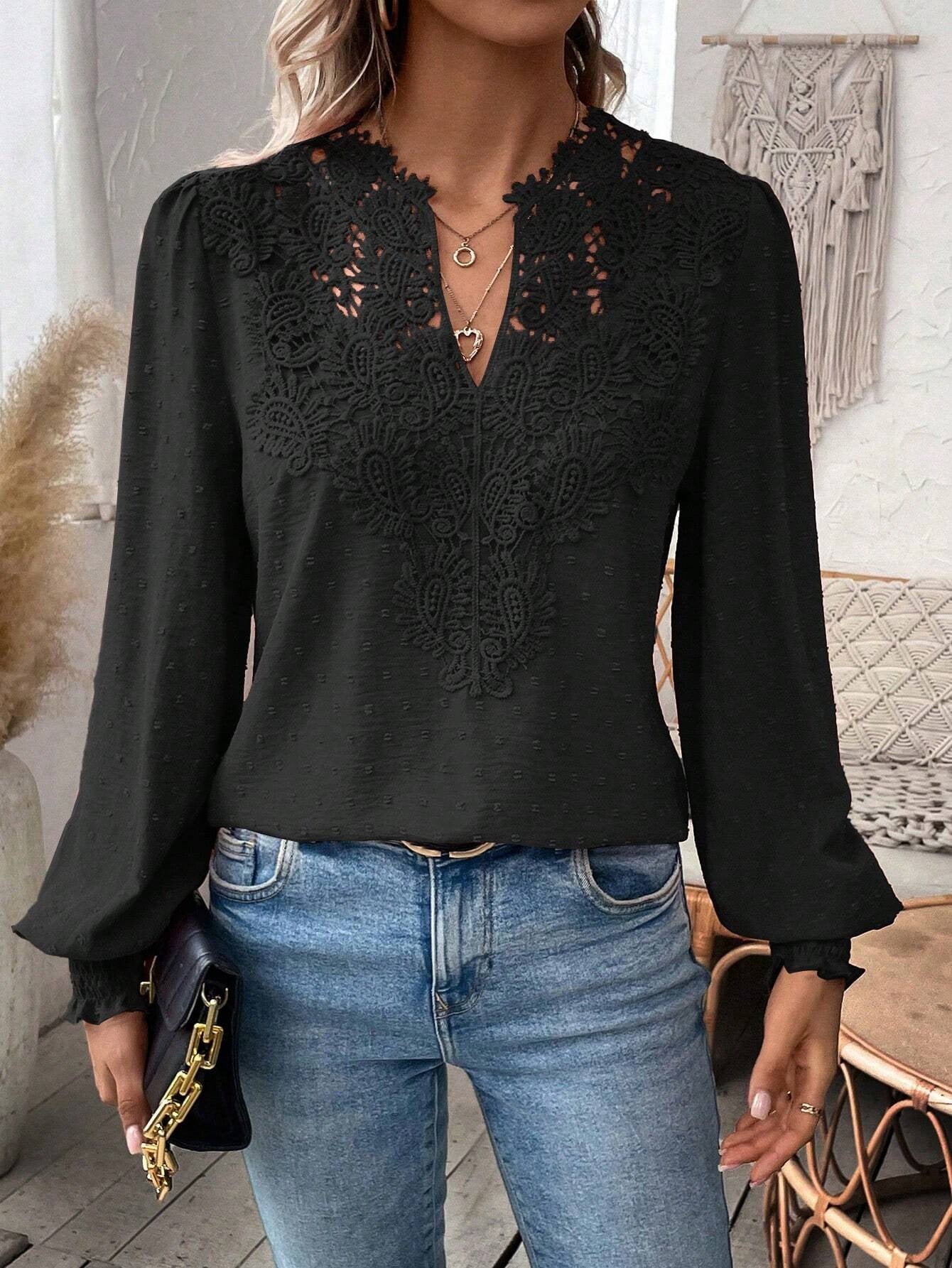 Lace Solid Color Long Sleeve Casual Women&