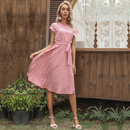 Summer Women Polka Dot Short Sleeve Dress Casual Bandage Party Pleated Midi Dresses Elegant Green Office Lady Clothing Limorista