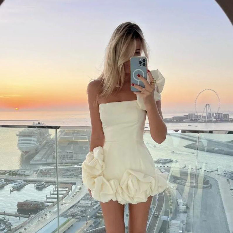 Fashion One-shoulder One-shoulder Dress Sexy Slim Ruffled Flower-bud Design Short Dress For Evening Party Womens Clothing Limorista