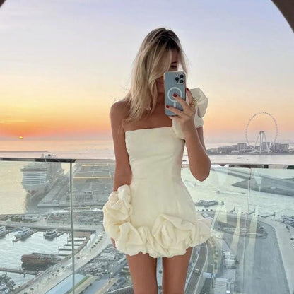 Fashion One-shoulder One-shoulder Dress Sexy Slim Ruffled Flower-bud Design Short Dress For Evening Party Womens Clothing Limorista