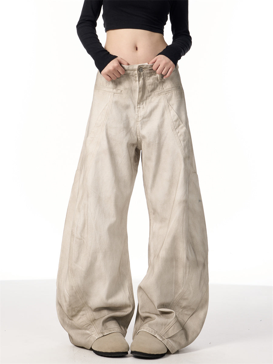 Retro Distressed Dirty White Wide Leg Pants Casual Trousers Limorista