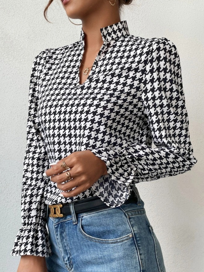 Houndstooth V-neck Long Sleeve Top Women Limorista