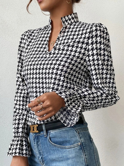 Houndstooth V-neck Long Sleeve Top Women Limorista