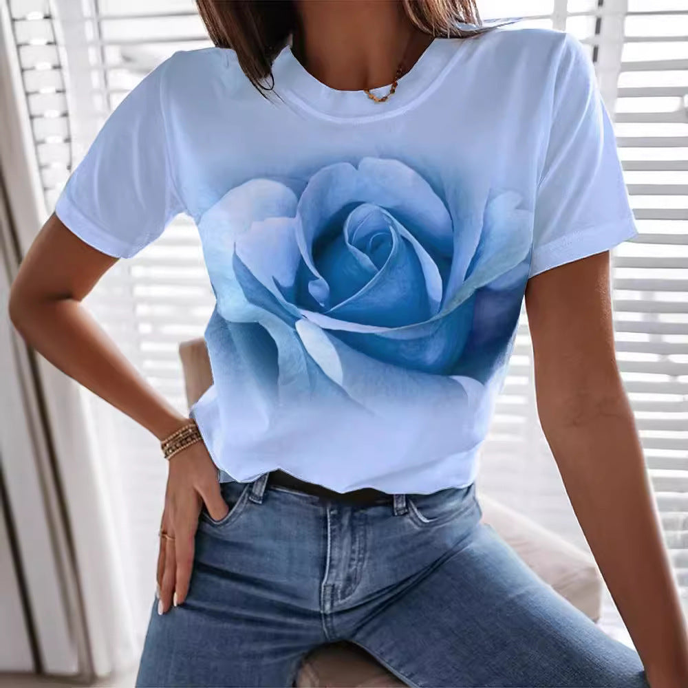 Fashion Rose 3D Printed T-shirt Round Neck Slim Fit Limorista