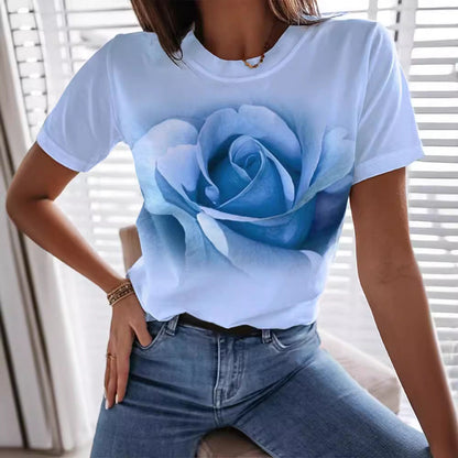 Fashion Rose 3D Printed T-shirt Round Neck Slim Fit Limorista
