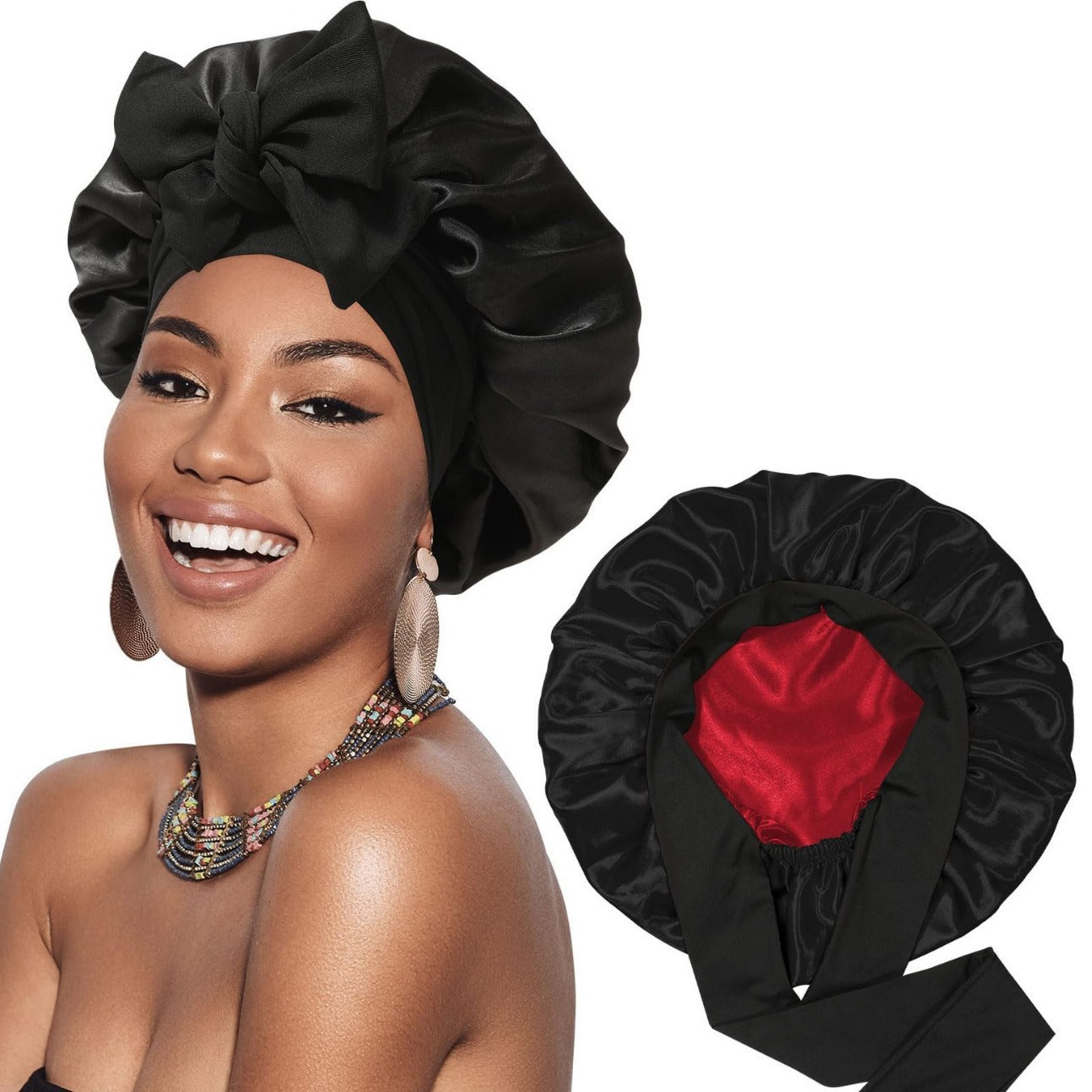 Double-layer Satin Ribbon Round Cap Bow Artificial Silk Beauty Hair Care Wide-brimmed Hat Limorista
