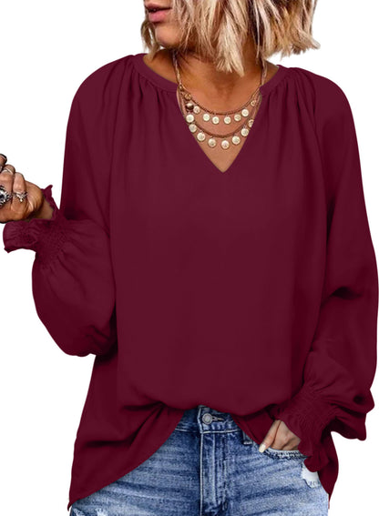 Autumn And Winter Solid Color Simple Cuff Smocking V-neck Women&