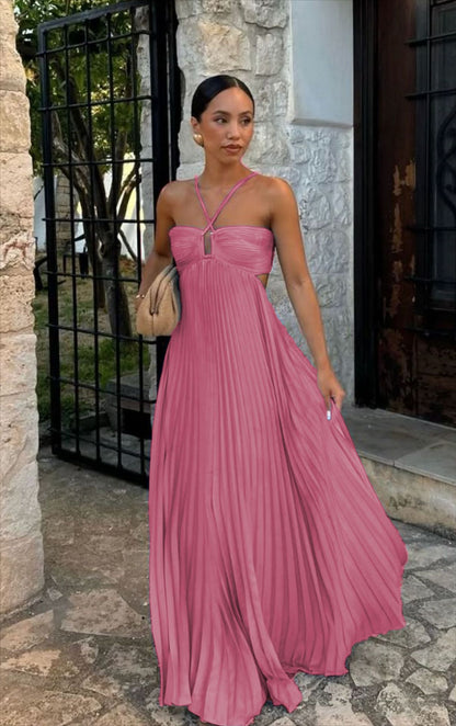 Ins Pleated Sleeveless Sling Dress Hollow High Waist Halter Robe Dresses For Evening Party Club Clothing Women Limorista