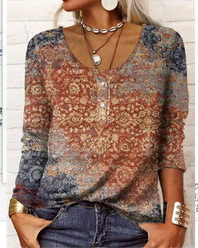 Long Sleeved Geometric Flower Mang U-neck Button Up T-shirt For Women Limorista
